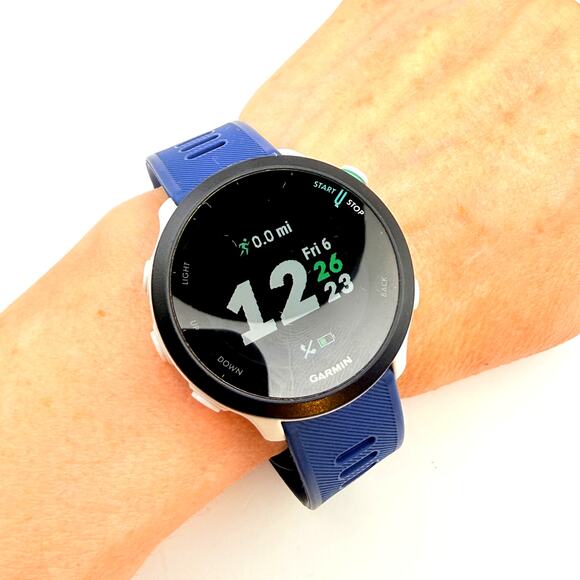 Garmin Forerunner 55 GPS Fitness Watch Mens Womens Black White Case Navy Band main image 10